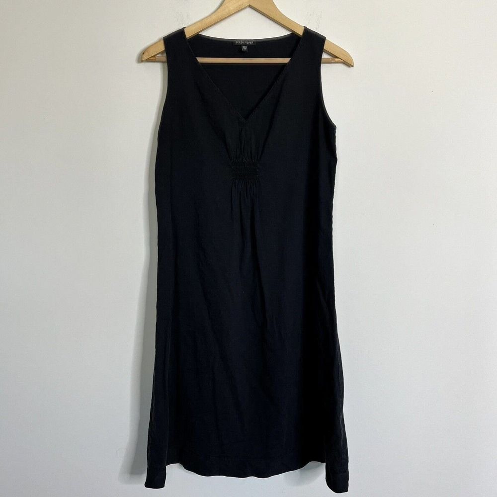 Eileen Fisher Woman Tank Dress Linen Blend Sleeveless V- Neck Midi Ruched Size S